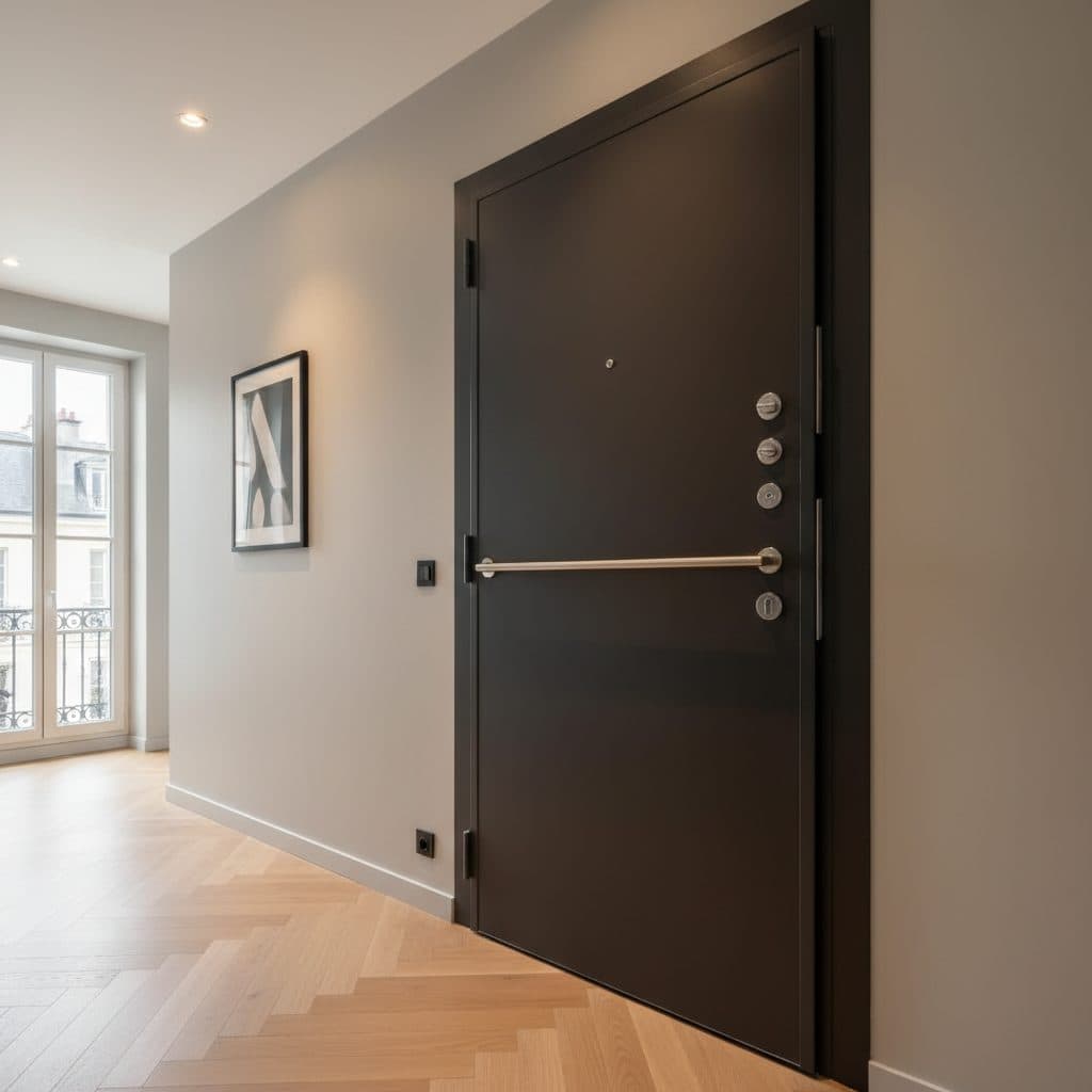 Porte blindée A2P BP2 installée par un serrurier au Blanc Mesnil — finition décor bois sur structure acier